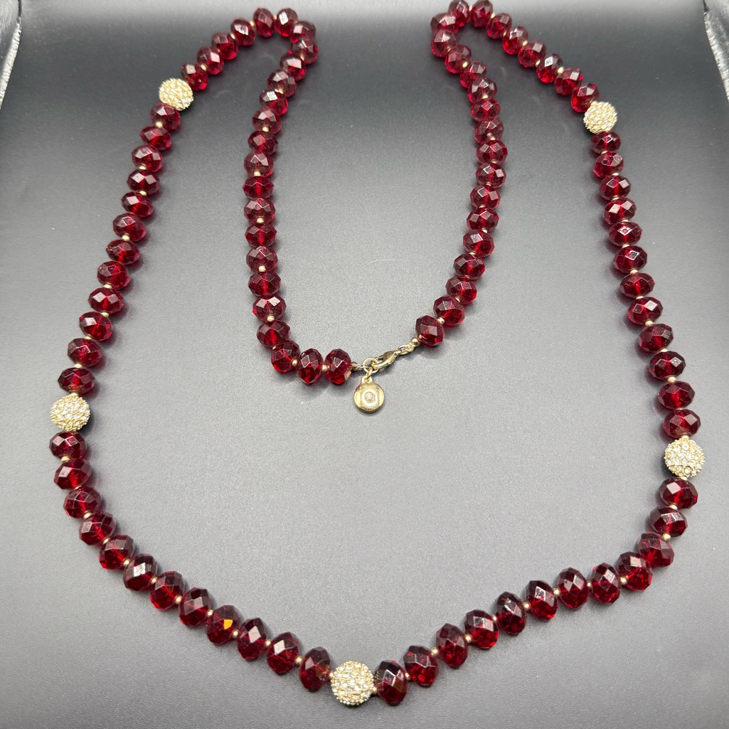 Jones New York Long Beaded Necklace Red Faceted And Gold Tone With Rhinestones